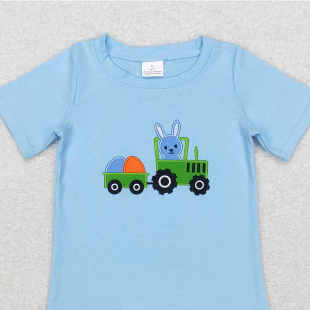 BT0426 RTS NO MOQ Bunny egg tractor blue kids easter shirt