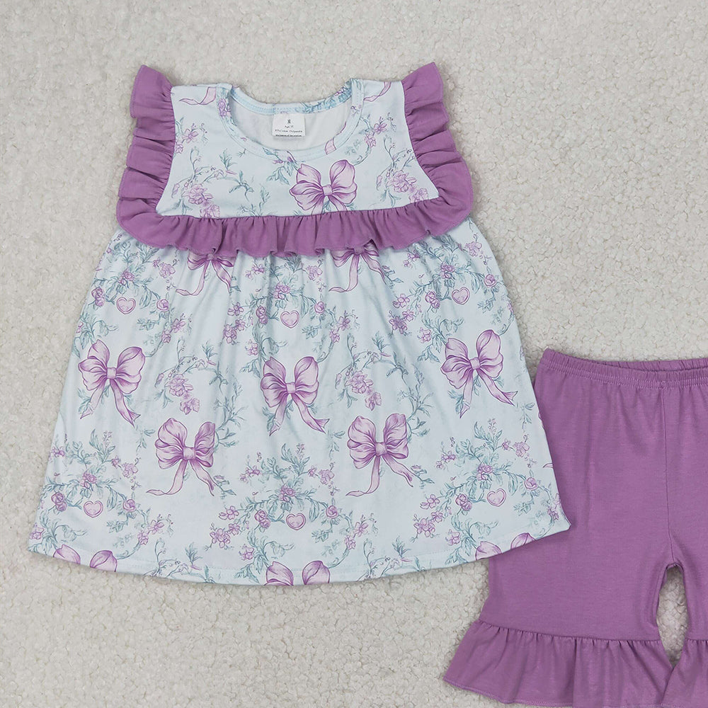 4.07 GSSO2315 RTS NO MOQ Baby Girls Summer Outfits Lavender ruffle floral bow tunic shorts girls clothing