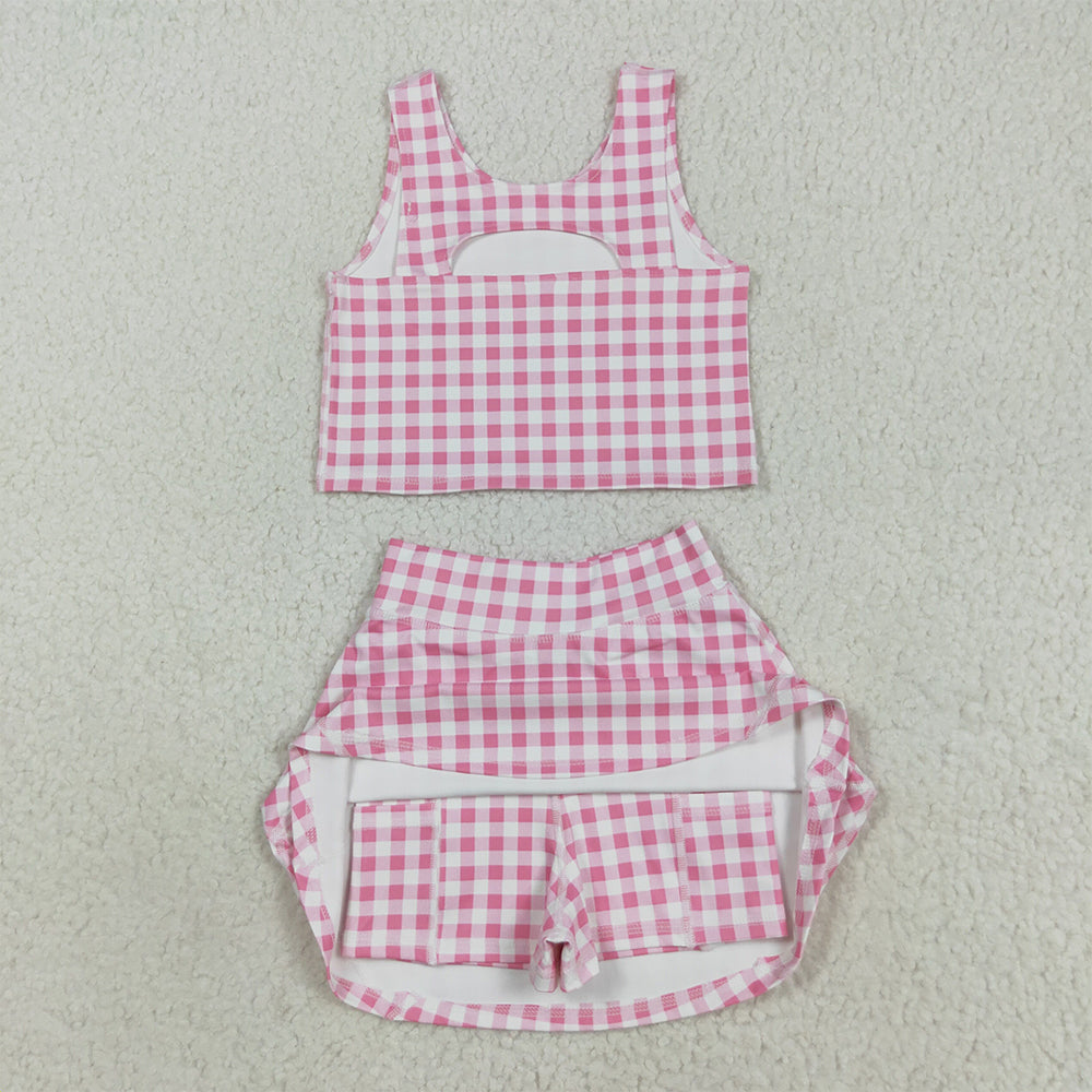 RTS NO MOQ (In stock)GSD2786 Baby Girls Yoga Outfits Baby Girls Sleeveless Pink Checked Vest Top Skorts Yoga Activity Set