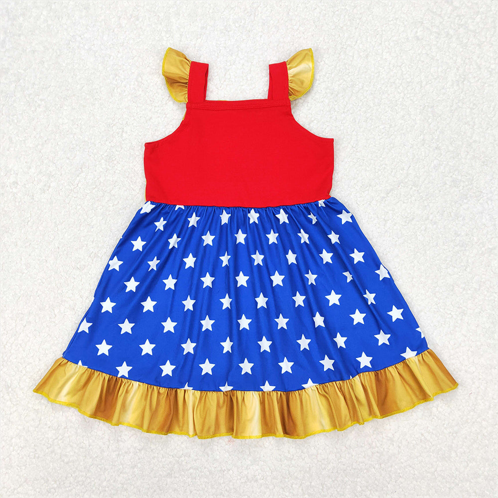 4.25 GSD1877 RTS NO MOQ Red blue stars flutter sleeves ruffle princess girls dress