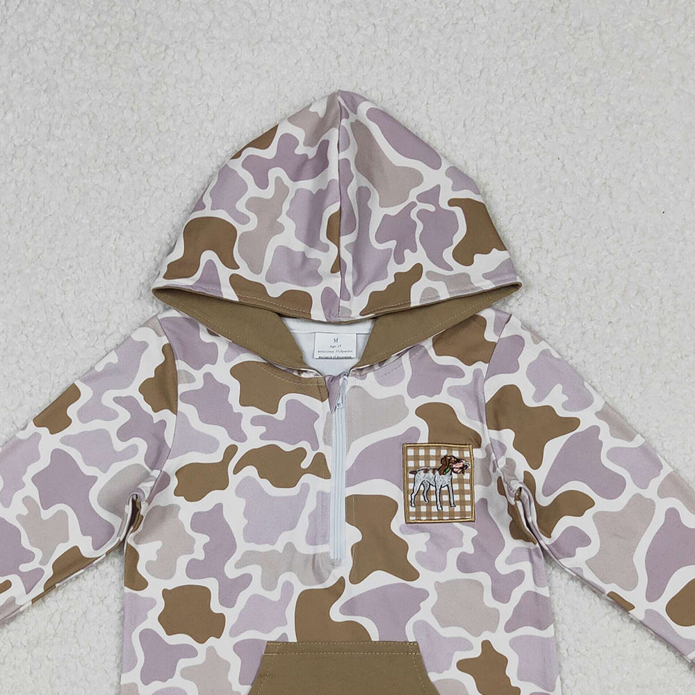 10.10 RTS NO MOQ (In stock)GT1134 Baby Girls Long Sleeve Tops Embroidery Dog Ducks Baby Girls Brown Camo Pocket Zip Hunting Hoodies Top