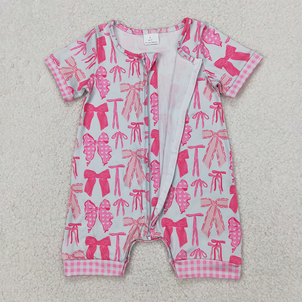 4.07 SR2771 RTS NO MOQ Baby Girls Summer Rompers Pink plaid short sleeves bow baby girls zipper romper