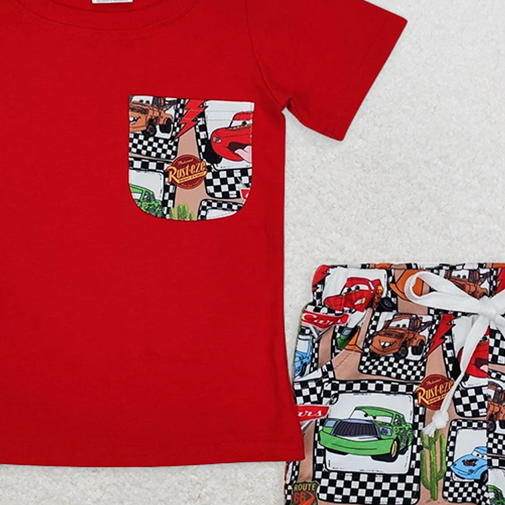 BSSO1256RTS NO MOQ Baby Boys Summer Boys Outfits Red Short Sleeve Pocket Top with Car Print Boys Shorts Outfit Set Casual Kids Clothing