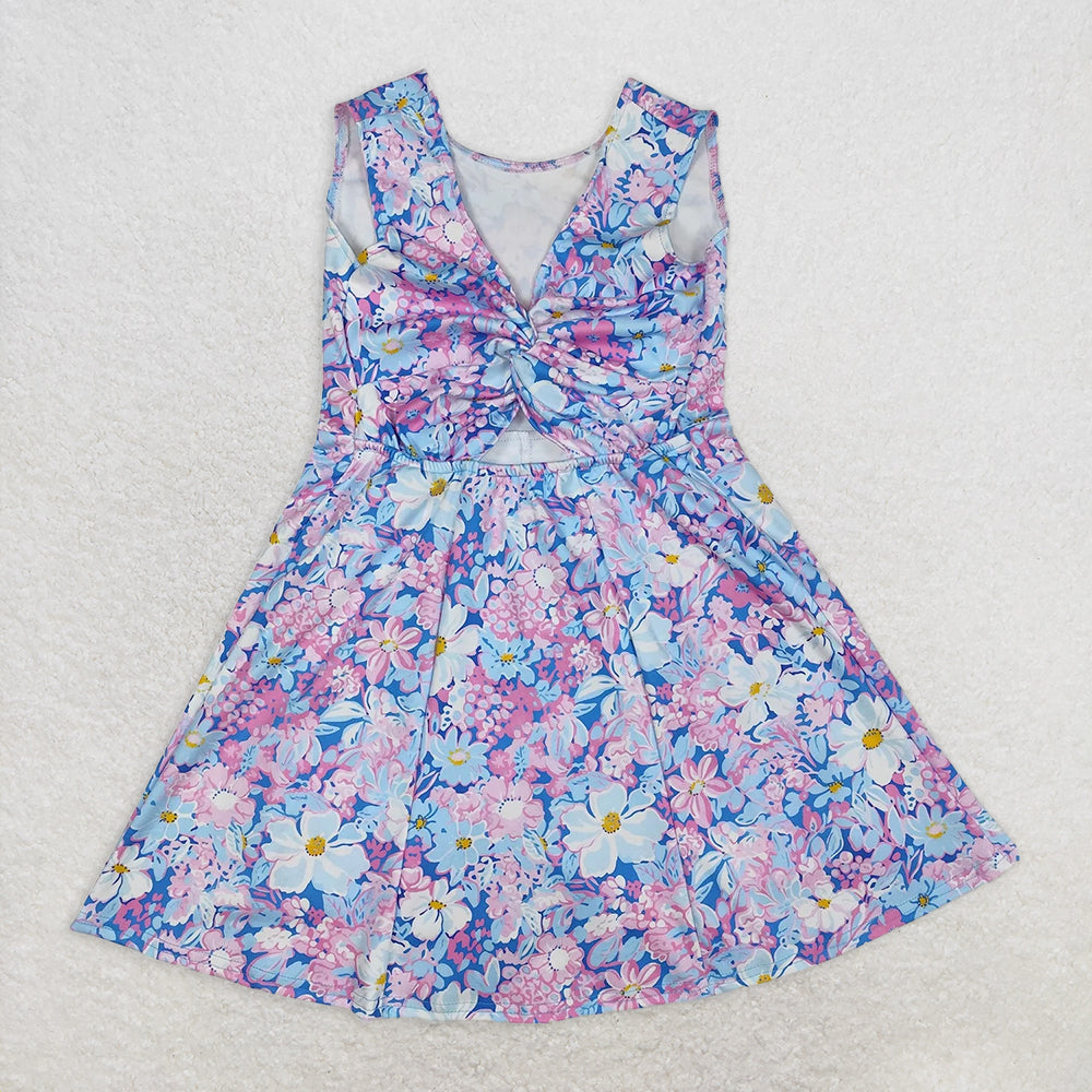 5.28 GSD1845 RTS NO MOQ Baby Girls Summer Yoga Dress Sleeveless blue pink floral baby girls athletic dresses