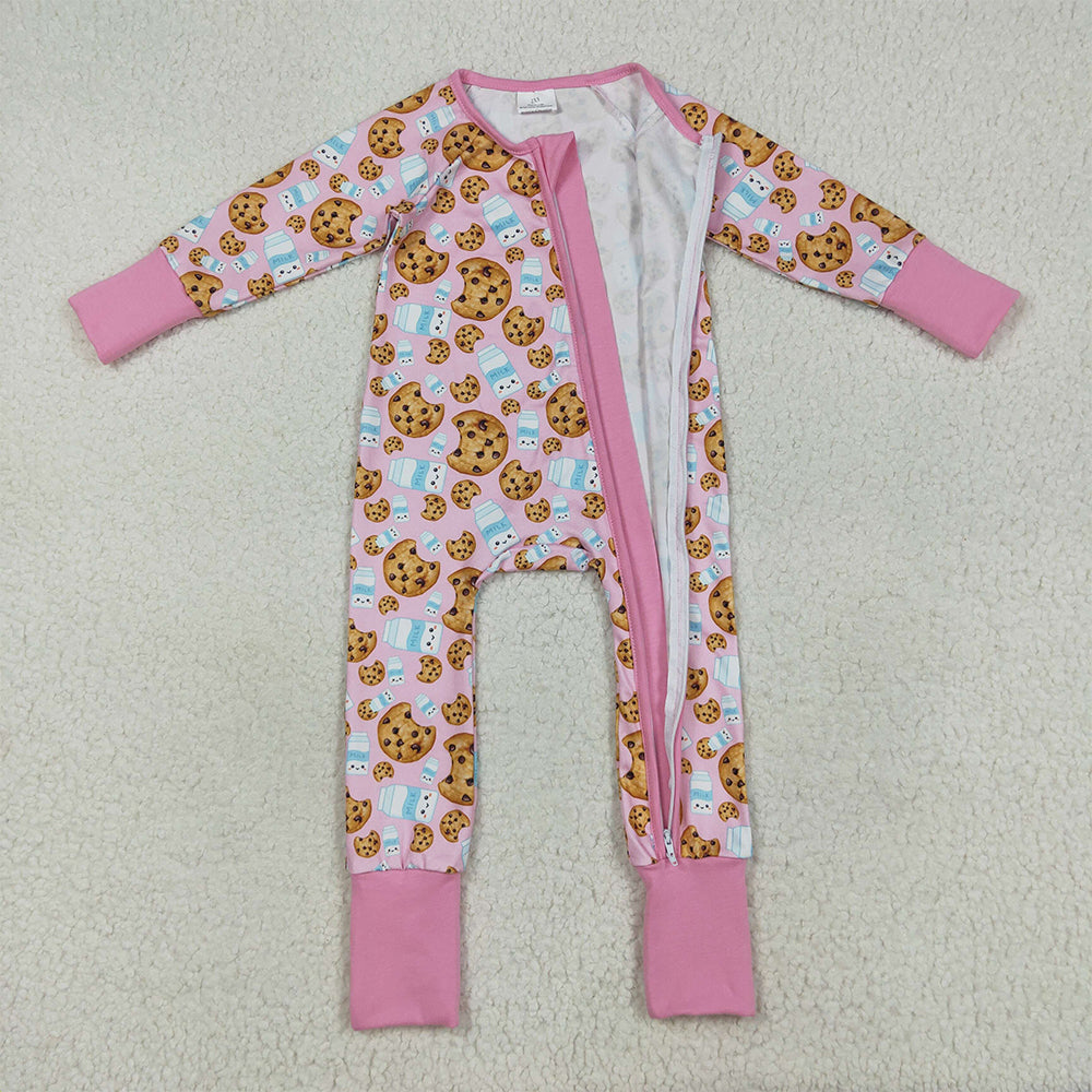 RTS NO MOQ (In stock)LR2398 Baby Girls Winter Rompers Baby Girls Pink Christmas Milk Cookies Zipper Footie Rompers