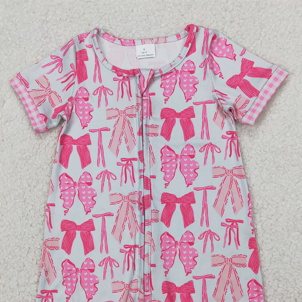 4.07 SR2771 RTS NO MOQ Baby Girls Summer Rompers Pink plaid short sleeves bow baby girls zipper romper