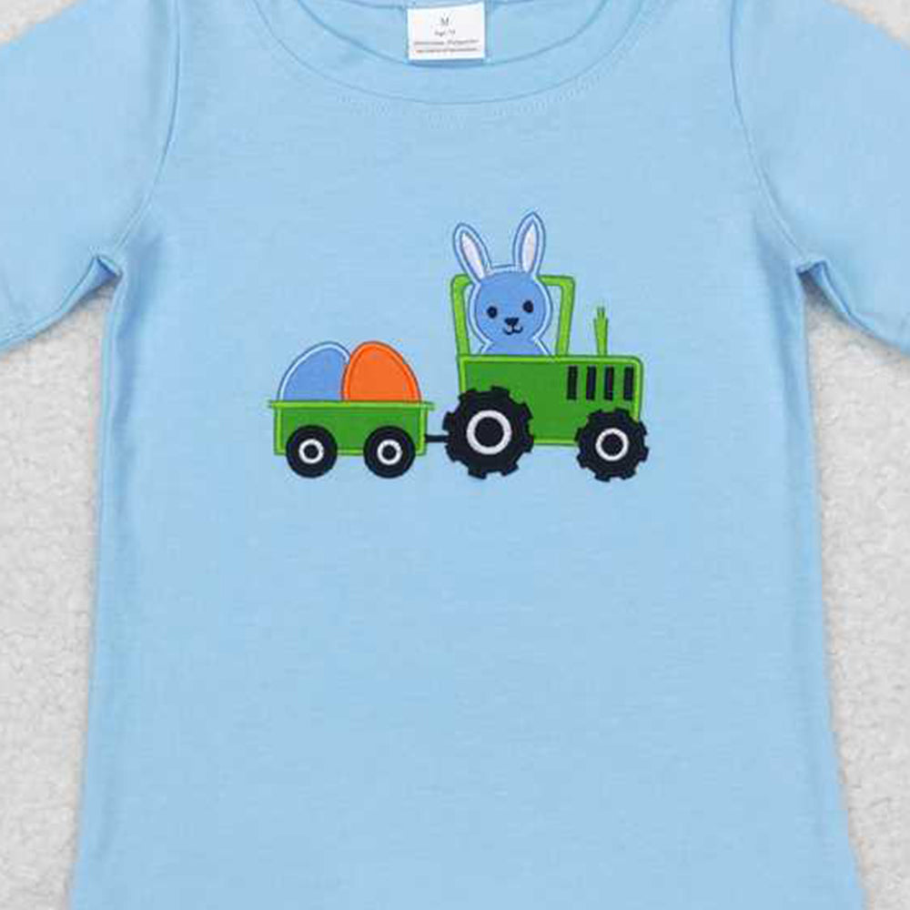 BT0426 RTS NO MOQ Bunny egg tractor blue kids easter shirt