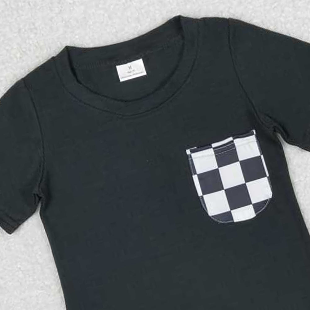 5.19 BT0660 RTS NO MOQ Black plaid pocket short sleeves kids boys top