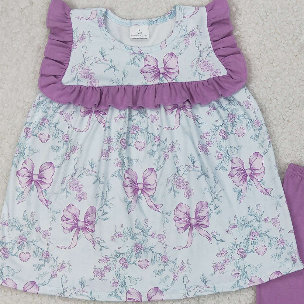 4.07 GSSO2315 RTS NO MOQ Baby Girls Summer Outfits Lavender ruffle floral bow tunic shorts girls clothing