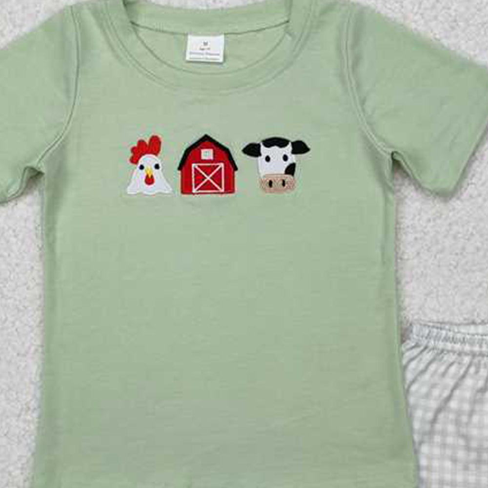 6.11 BSSO1067 RTS NO MOQ Baby Boys Summer Boys Outfits Kids Boys Farm Embroidery Chicken Cow Outfit