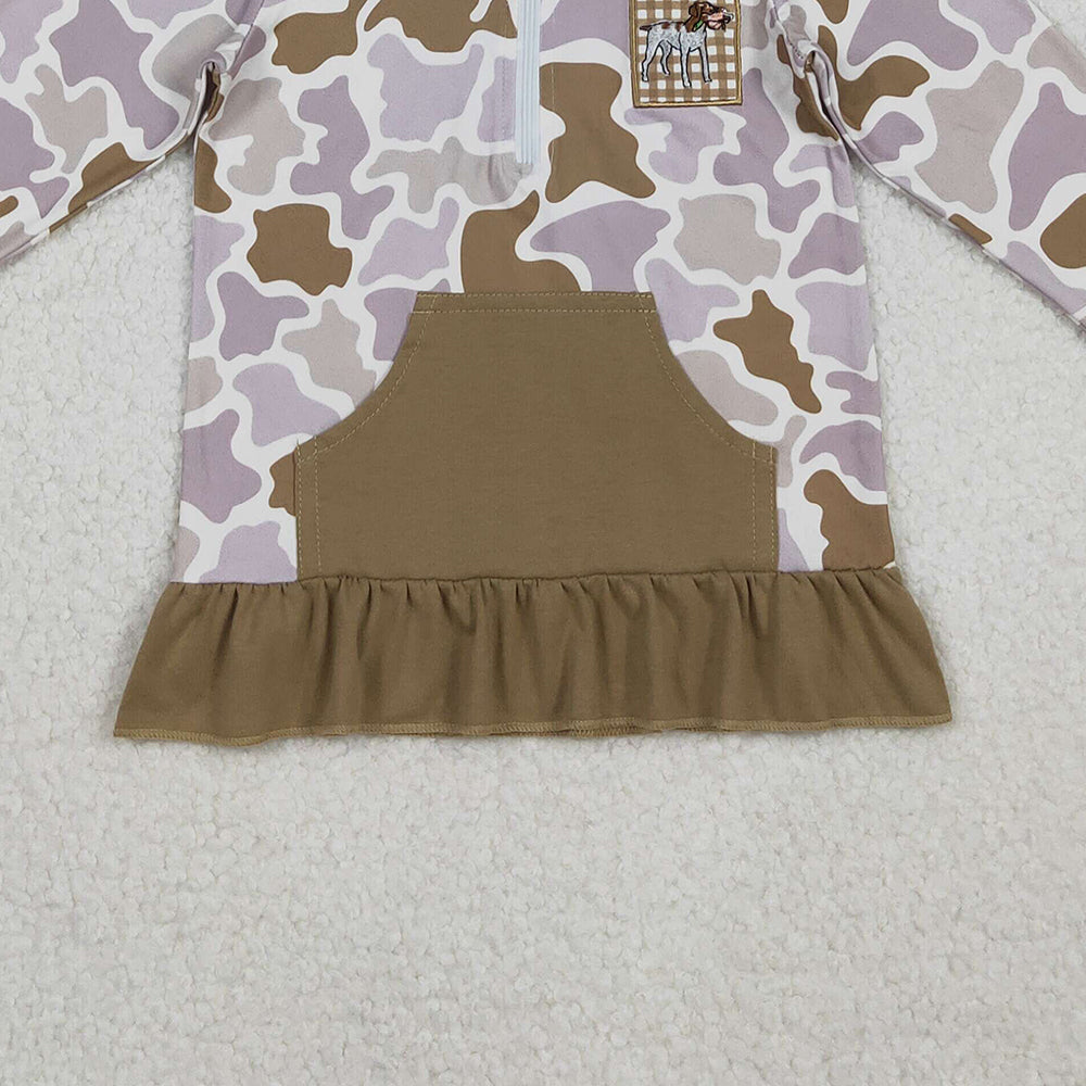 10.10 RTS NO MOQ (In stock)GT1134 Baby Girls Long Sleeve Tops Embroidery Dog Ducks Baby Girls Brown Camo Pocket Zip Hunting Hoodies Top