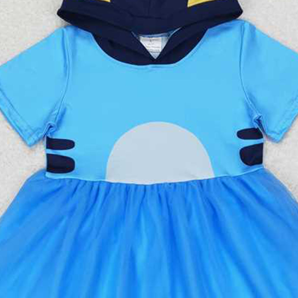 5.16 GSD0997 RTS NO MOQ Short sleeves blue dog tulle girls hooded dress