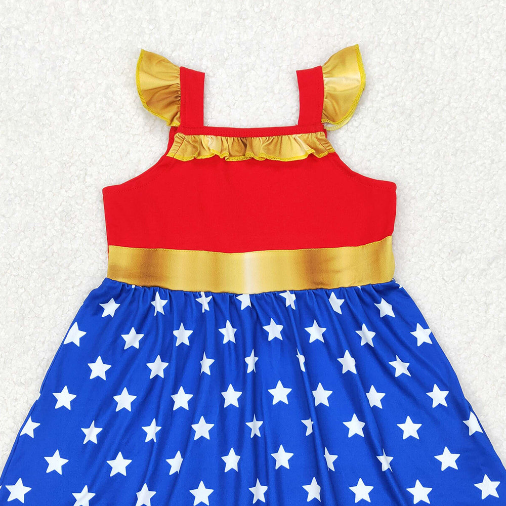 4.25 GSD1877 RTS NO MOQ Red blue stars flutter sleeves ruffle princess girls dress