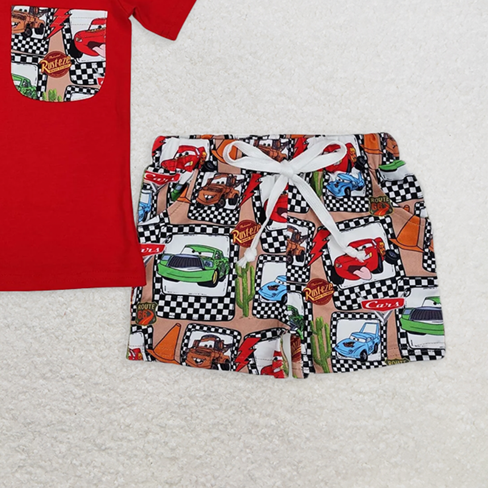 BSSO1256RTS NO MOQ Baby Boys Summer Boys Outfits Red Short Sleeve Pocket Top with Car Print Boys Shorts Outfit Set Casual Kids Clothing