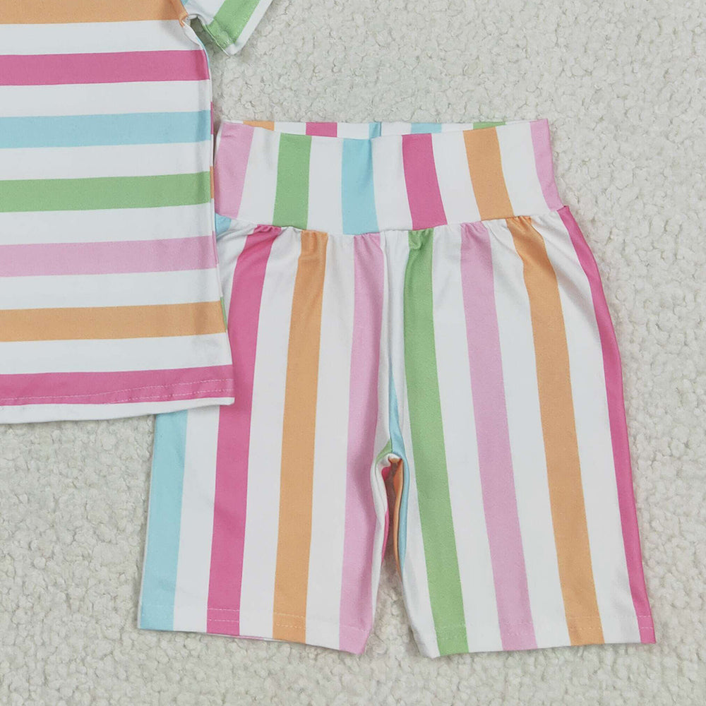 4.23 GSSO2468 RTS NO MOQ Baby Girls Summer Outfits Short sleeves colorful stripe top shorts girls summer clothes