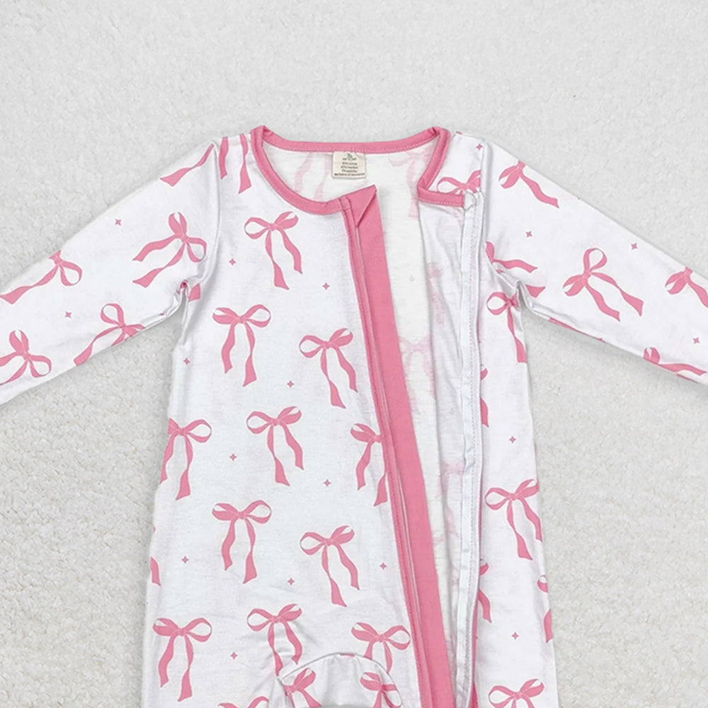 USA Shop (in stock)LR1584 Baby Girls Winter Outfits Baby Infant Girls Pink Bows Ruffle Bamboo Zip Rompers