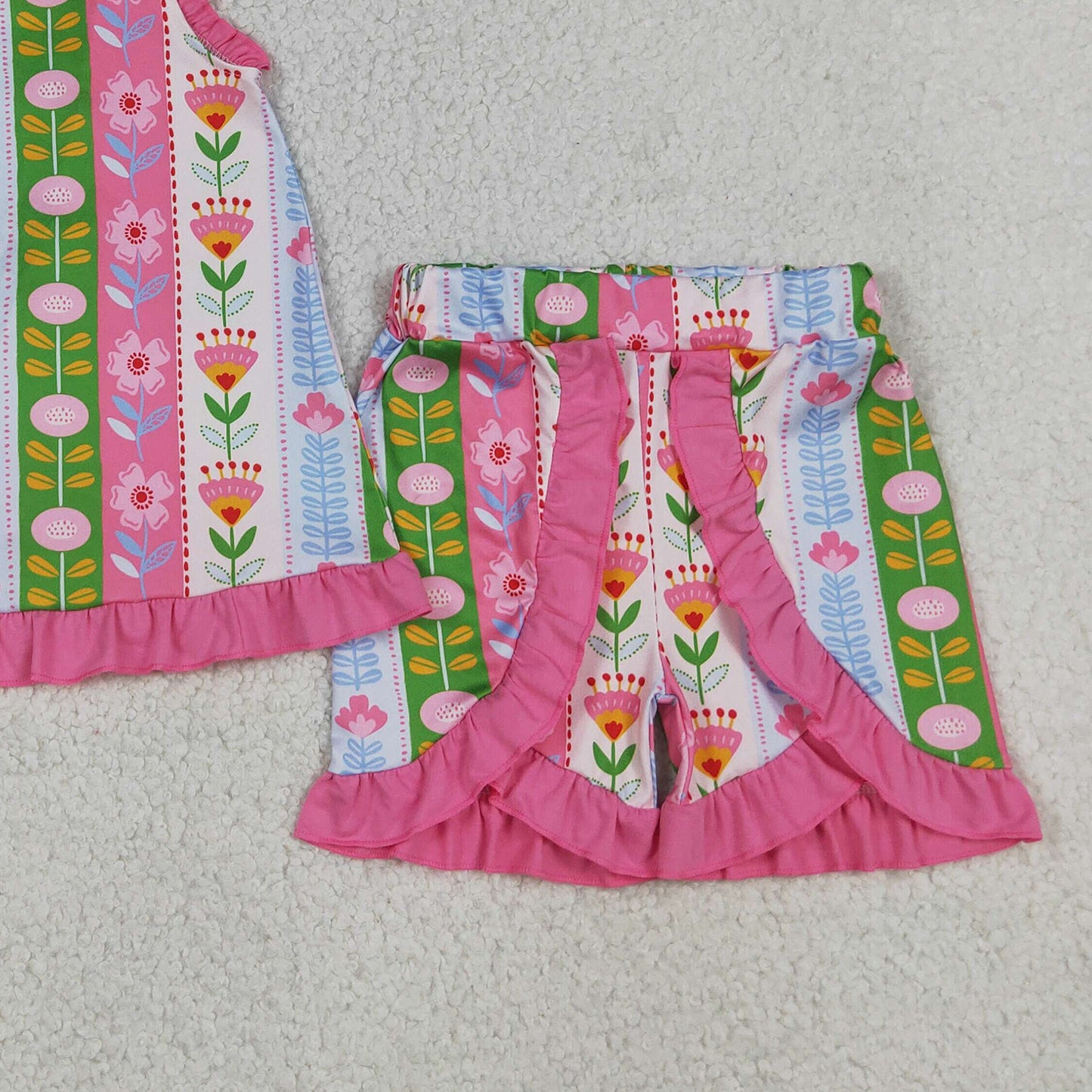 GSSO3676 RTS NO MOQ (In stock)Baby Girls Sleeveless Colorful Flowers Stripe Tunic Ruffle Short Clothes Set