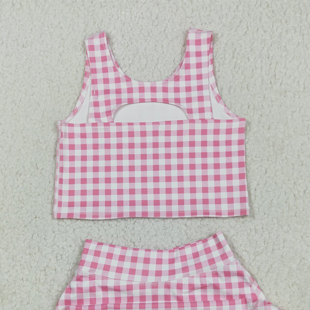 RTS NO MOQ (In stock)GSD2786 Baby Girls Yoga Outfits Baby Girls Sleeveless Pink Checked Vest Top Skorts Yoga Activity Set