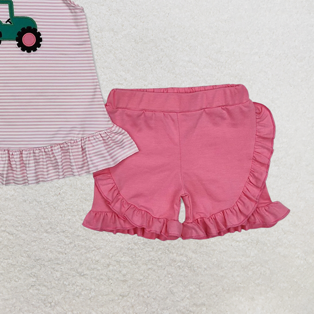 GSSO1757RTS NO MOQ Baby Girls Summer Outfits Pink stripe flutter sleeves tractor kids girls farm outfits