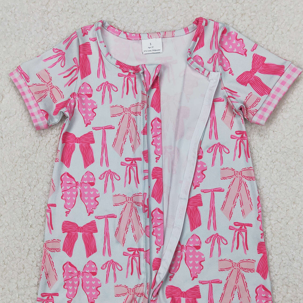 4.07 SR2771 RTS NO MOQ Baby Girls Summer Rompers Pink plaid short sleeves bow baby girls zipper romper