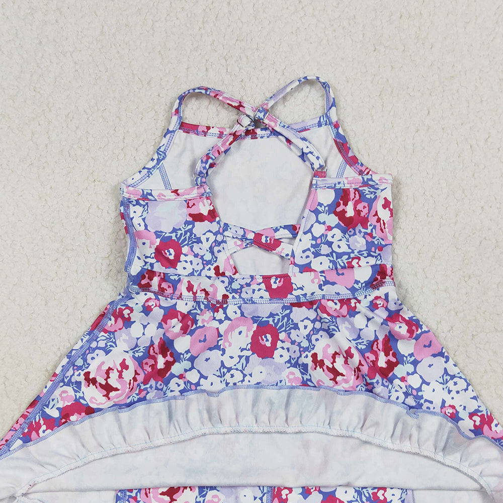 8.12 GSD2285 RTS NO MOQ Baby Girls Summer Yoga Dress Baby Girls Lavender Strap Colorful Floral Yoga Ruffle Knee Length Dresses