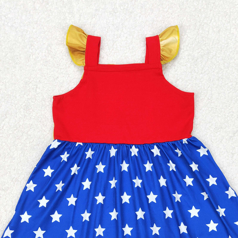 4.25 GSD1877 RTS NO MOQ Red blue stars flutter sleeves ruffle princess girls dress