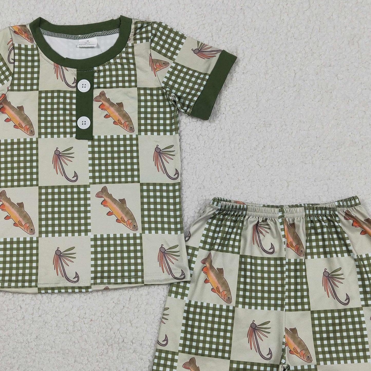 BSSO1817 RTS NO MOQ (In stock )Short sleeves plaid fish top shorts kids boys outfits ReviewsClothes(副本)