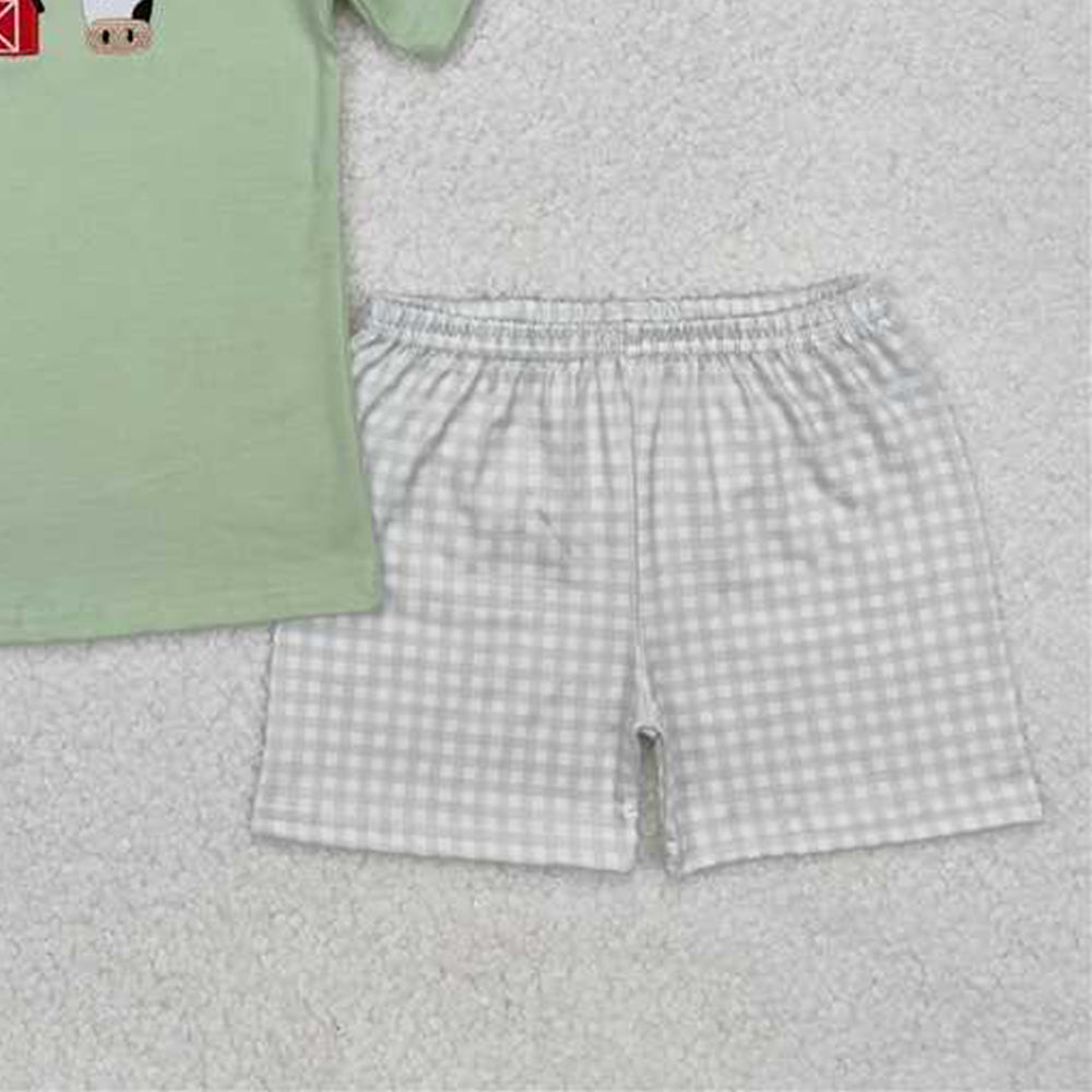 6.11 BSSO1067 RTS NO MOQ Baby Boys Summer Boys Outfits Kids Boys Farm Embroidery Chicken Cow Outfit