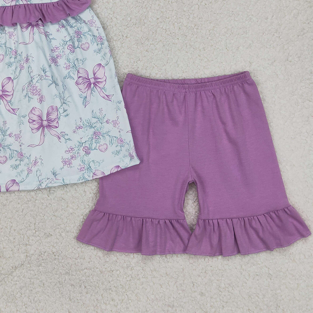 4.07 GSSO2315 RTS NO MOQ Baby Girls Summer Outfits Lavender ruffle floral bow tunic shorts girls clothing