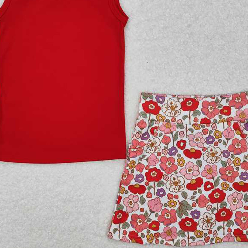 4.30 GSD1598 RTS NO MOQ Baby Girls Red Sleeveless Vest Top Skirts With Shorts Yoga Set