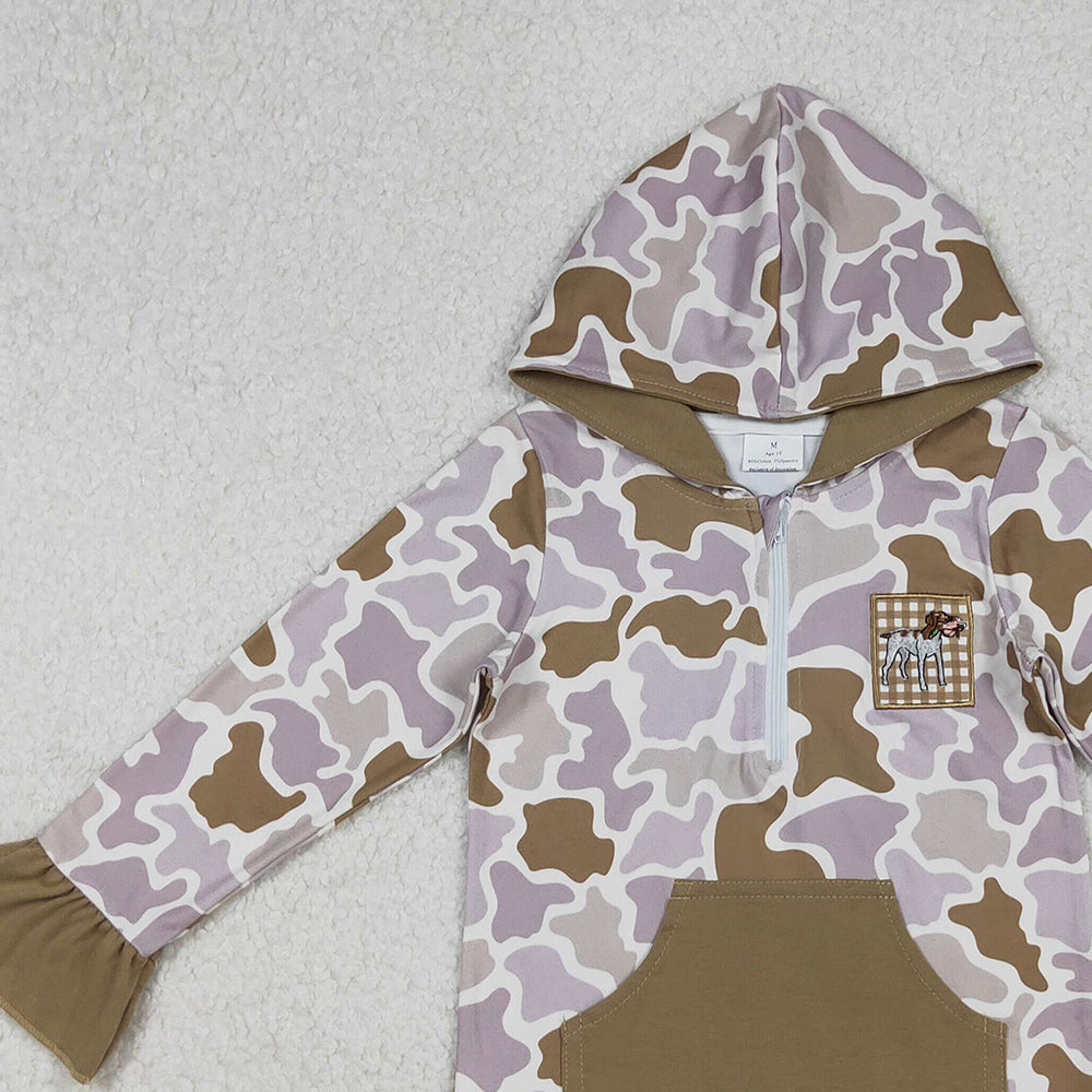 10.10 RTS NO MOQ (In stock)GT1134 Baby Girls Long Sleeve Tops Embroidery Dog Ducks Baby Girls Brown Camo Pocket Zip Hunting Hoodies Top