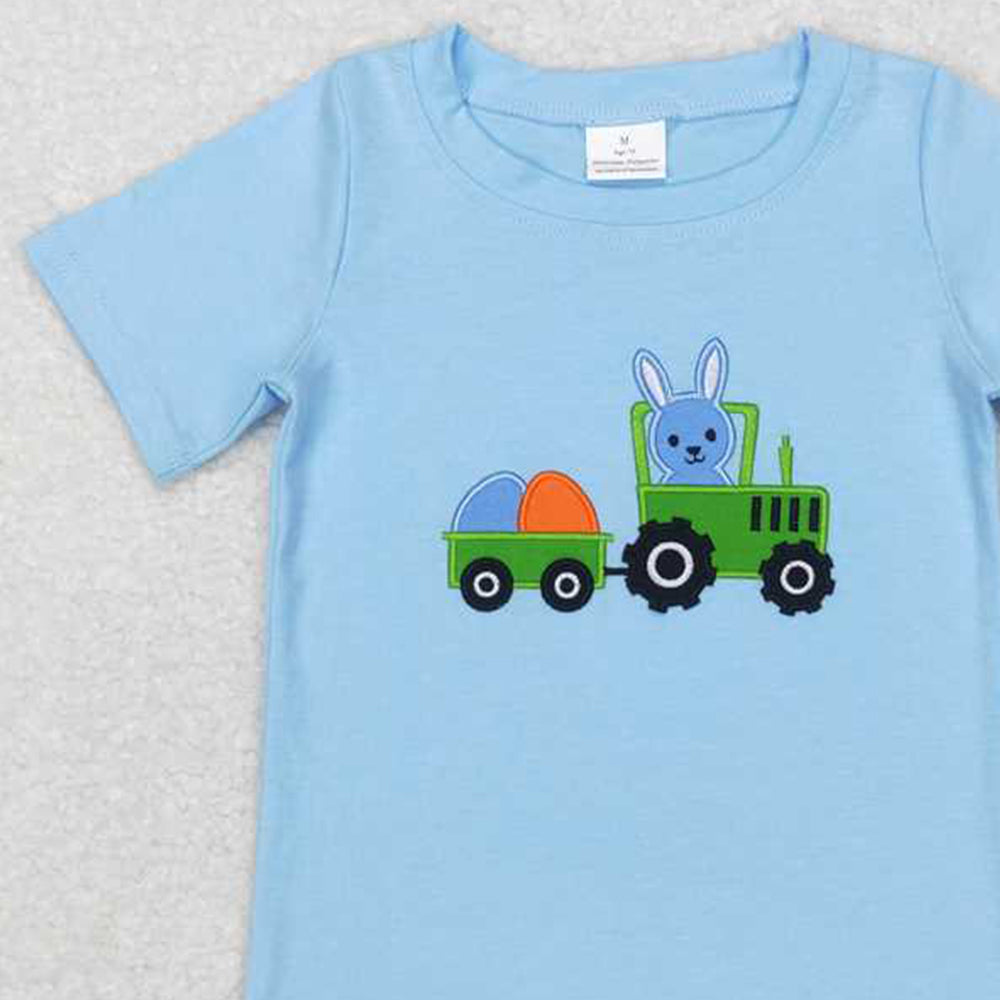 BT0426 RTS NO MOQ Bunny egg tractor blue kids easter shirt