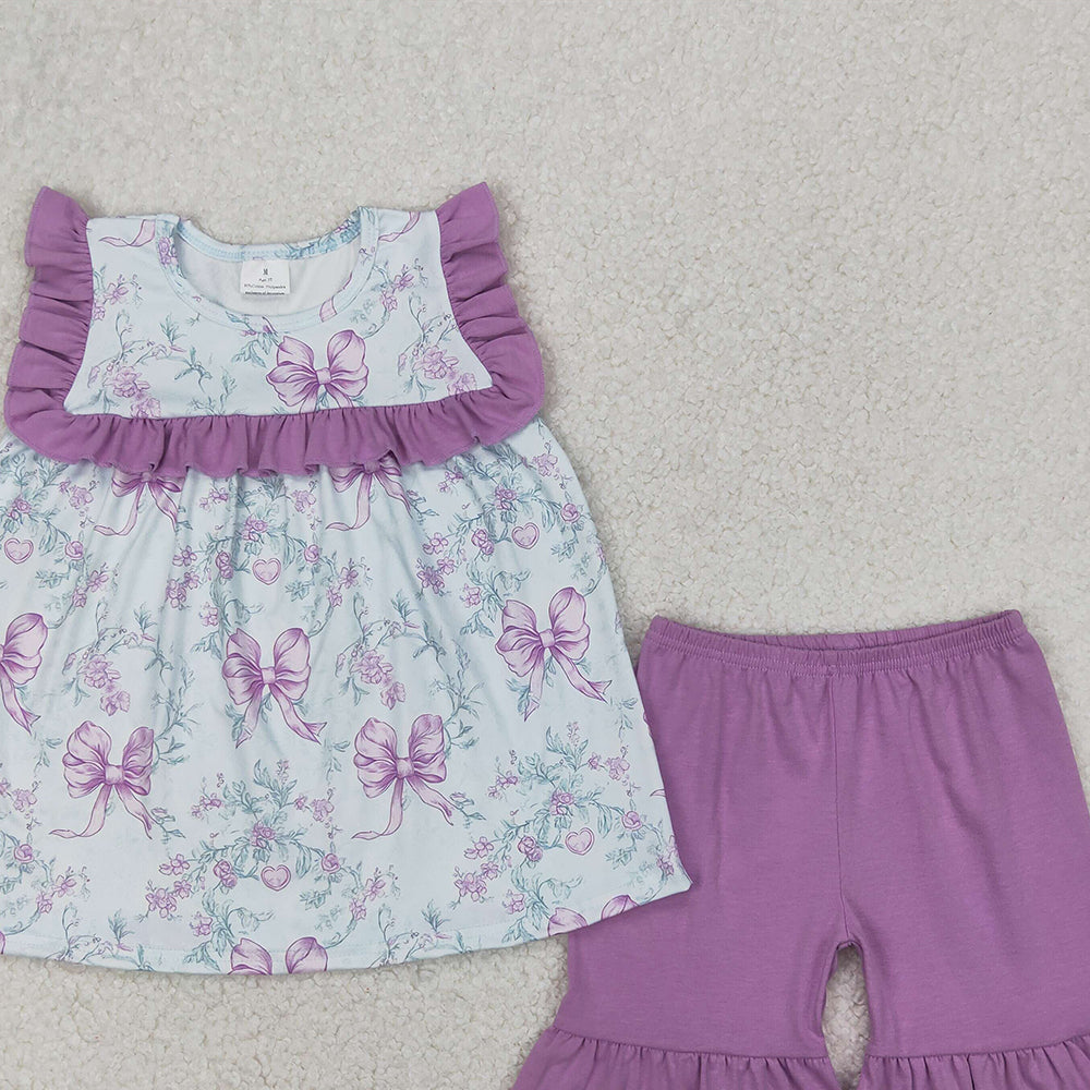4.07 GSSO2315 RTS NO MOQ Baby Girls Summer Outfits Lavender ruffle floral bow tunic shorts girls clothing