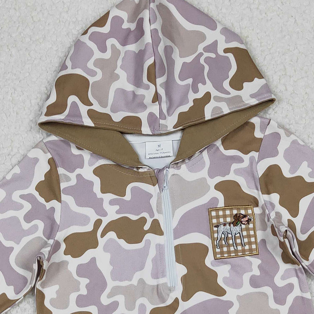 10.10 RTS NO MOQ (In stock)GT1134 Baby Girls Long Sleeve Tops Embroidery Dog Ducks Baby Girls Brown Camo Pocket Zip Hunting Hoodies Top