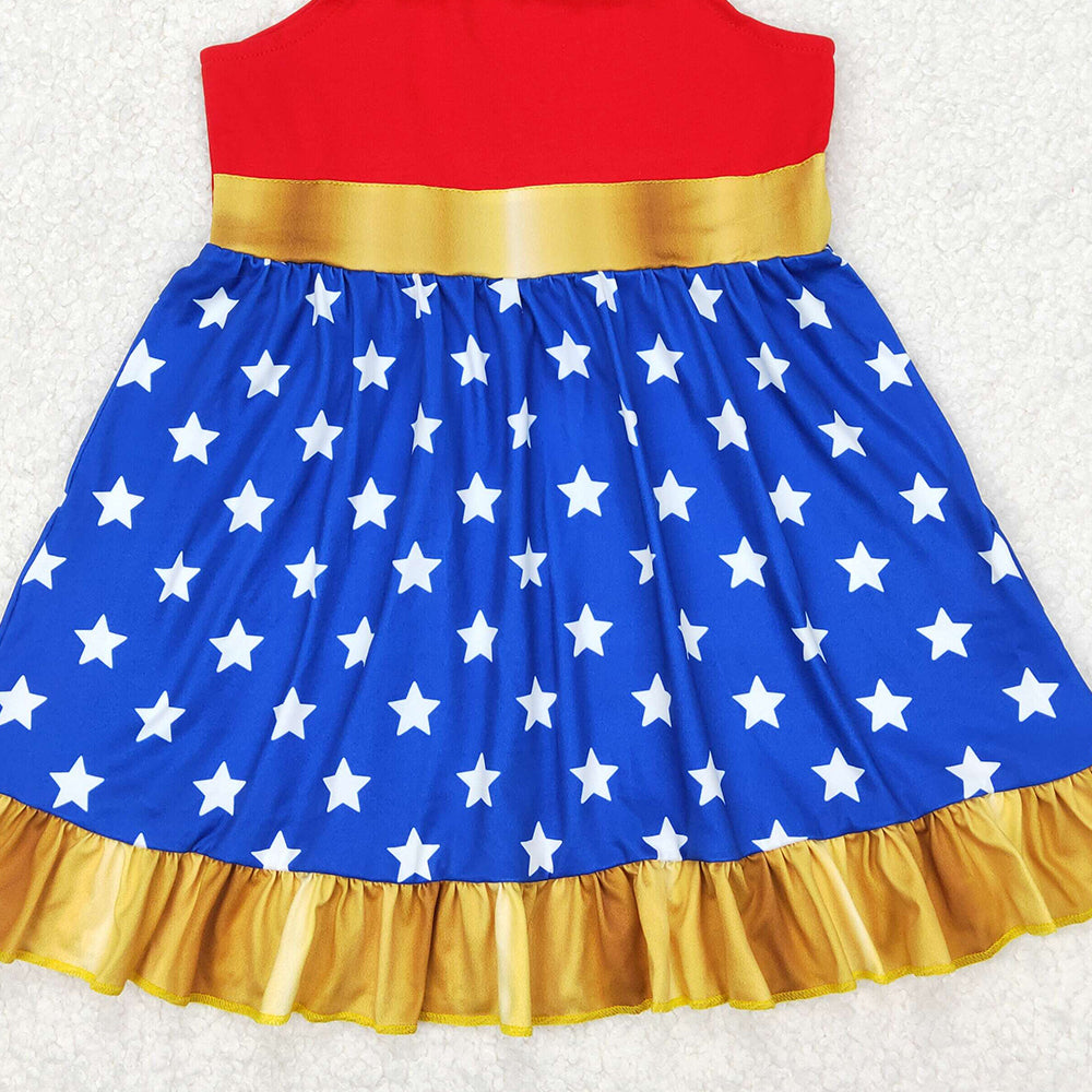 4.25 GSD1877 RTS NO MOQ Red blue stars flutter sleeves ruffle princess girls dress