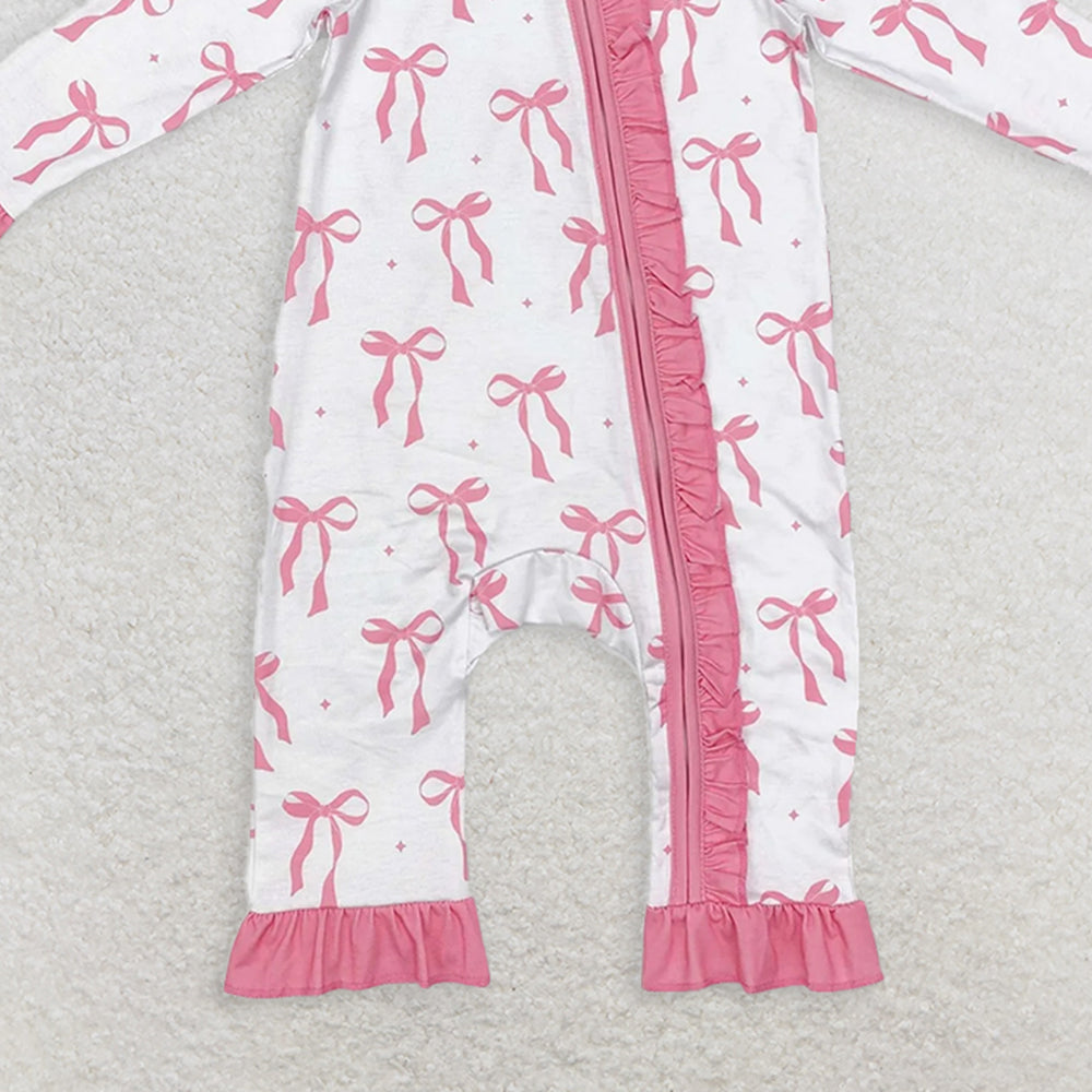USA Shop (in stock)LR1584 Baby Girls Winter Outfits Baby Infant Girls Pink Bows Ruffle Bamboo Zip Rompers