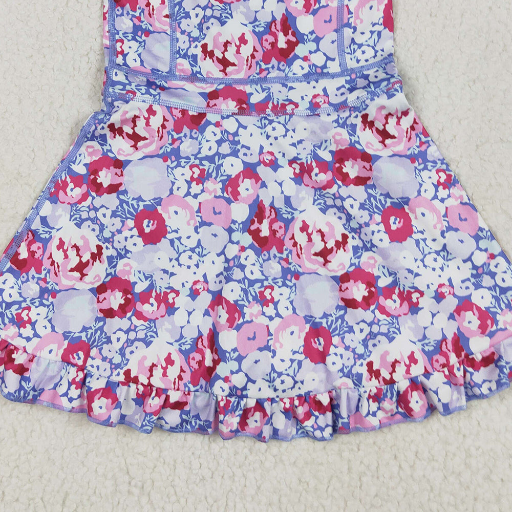 8.12 GSD2285 RTS NO MOQ Baby Girls Summer Yoga Dress Baby Girls Lavender Strap Colorful Floral Yoga Ruffle Knee Length Dresses