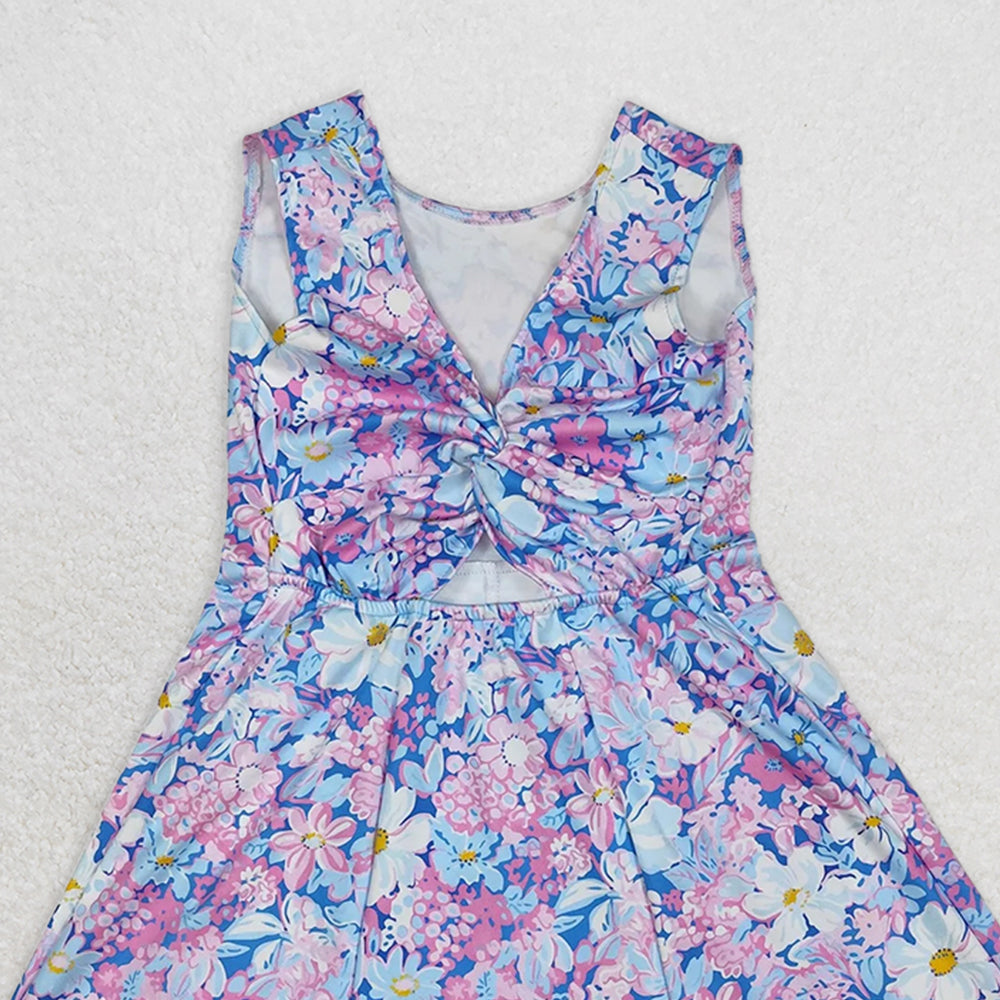 5.28 GSD1845 RTS NO MOQ Baby Girls Summer Yoga Dress Sleeveless blue pink floral baby girls athletic dresses