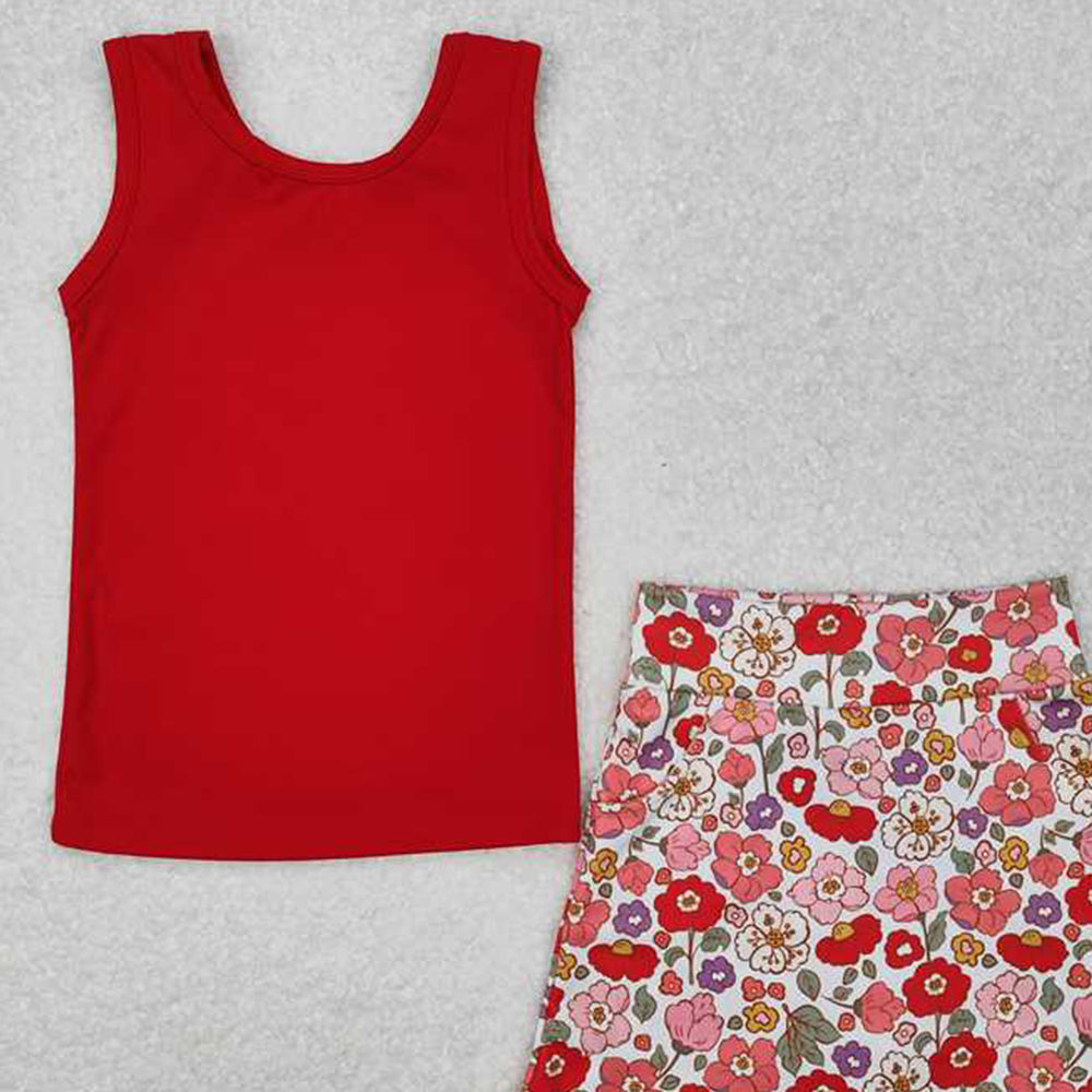4.30 GSD1598 RTS NO MOQ Baby Girls Red Sleeveless Vest Top Skirts With Shorts Yoga Set
