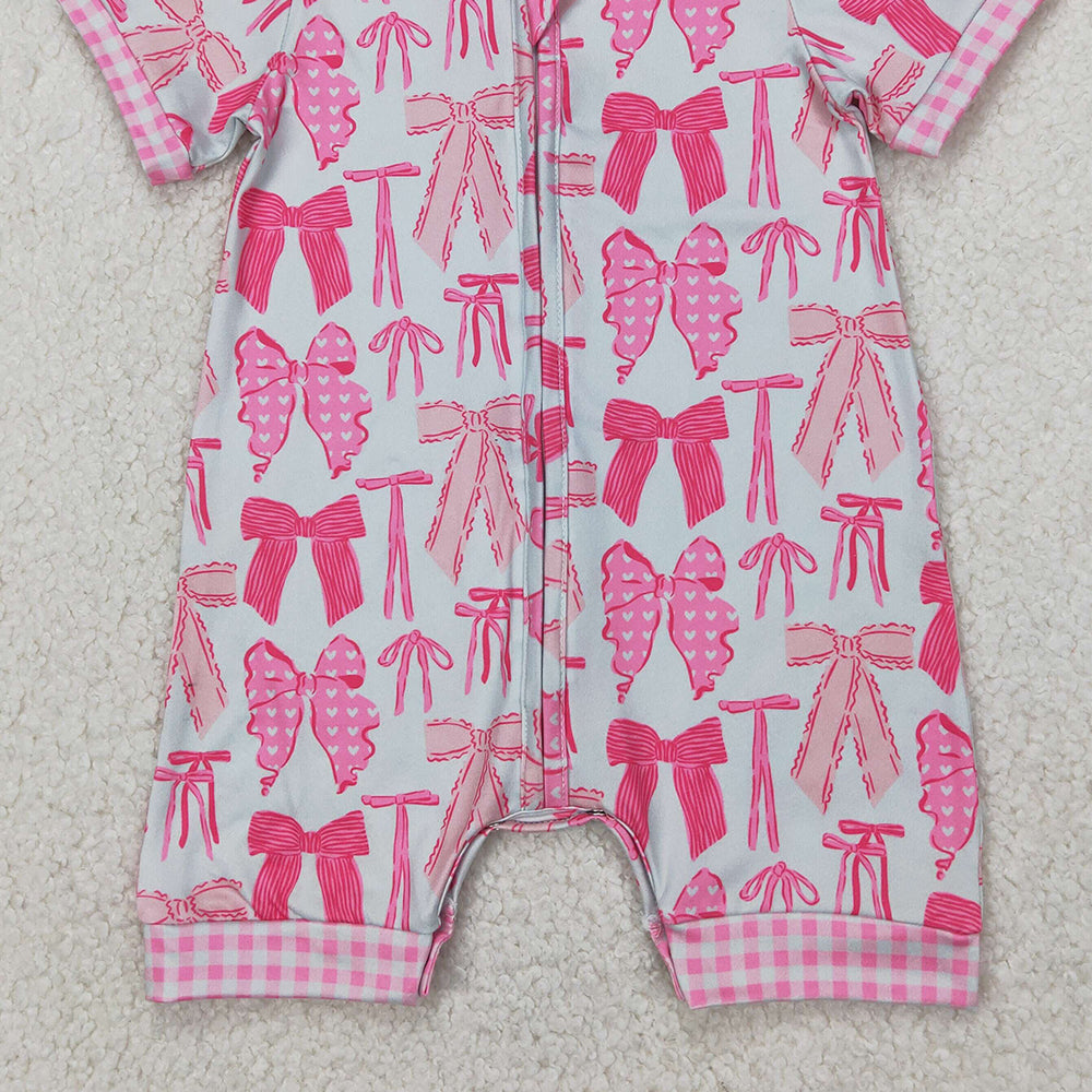 4.07 SR2771 RTS NO MOQ Baby Girls Summer Rompers Pink plaid short sleeves bow baby girls zipper romper