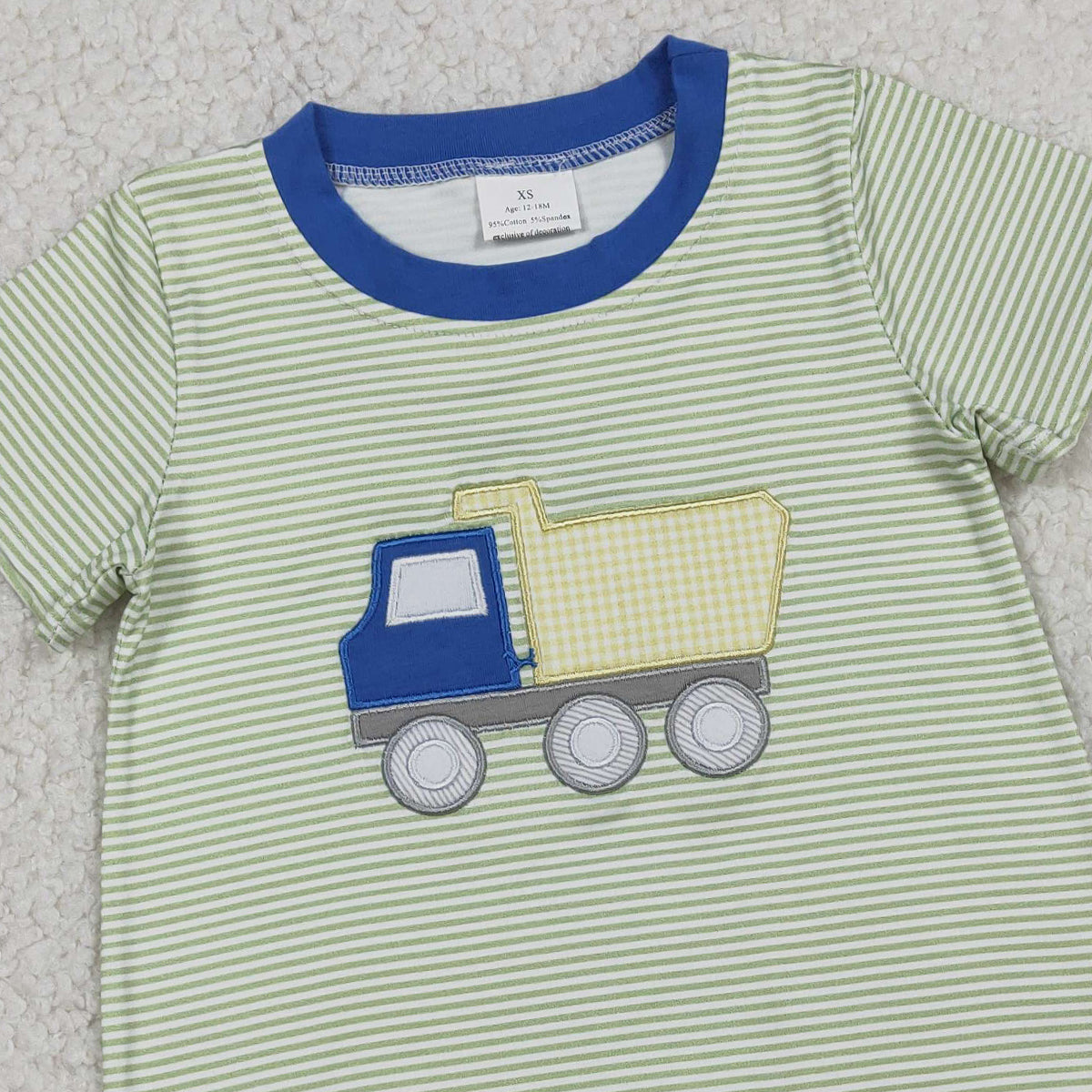 3.24 RTS NO MOQ (In stock)SR3893 Children's Fashion Romper Baby Boys Short Sleeve Embroidery Tractors Green Stripe Rompers