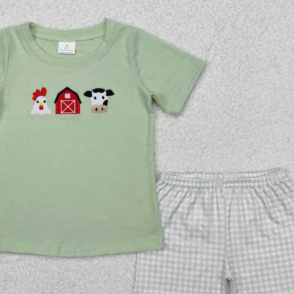 6.11 BSSO1067 RTS NO MOQ Baby Boys Summer Boys Outfits Kids Boys Farm Embroidery Chicken Cow Outfit