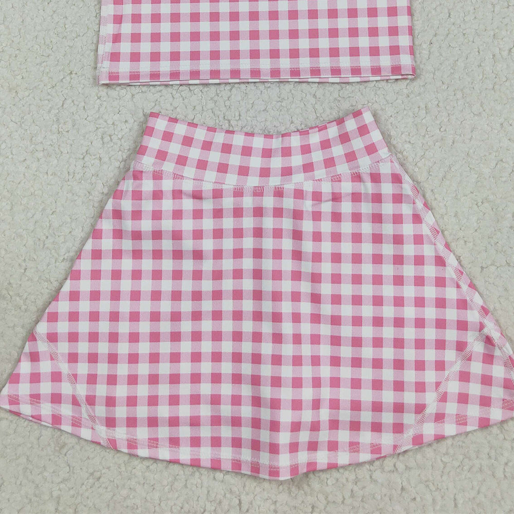 RTS NO MOQ (In stock)GSD2786 Baby Girls Yoga Outfits Baby Girls Sleeveless Pink Checked Vest Top Skorts Yoga Activity Set