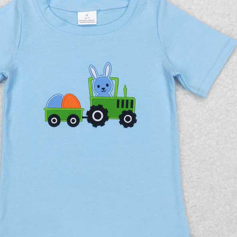 BT0426 RTS NO MOQ Bunny egg tractor blue kids easter shirt