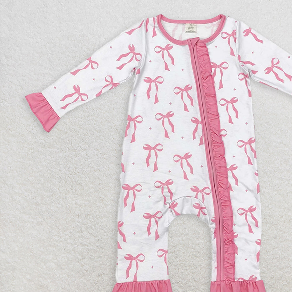 USA Shop (in stock)LR1584 Baby Girls Winter Outfits Baby Infant Girls Pink Bows Ruffle Bamboo Zip Rompers