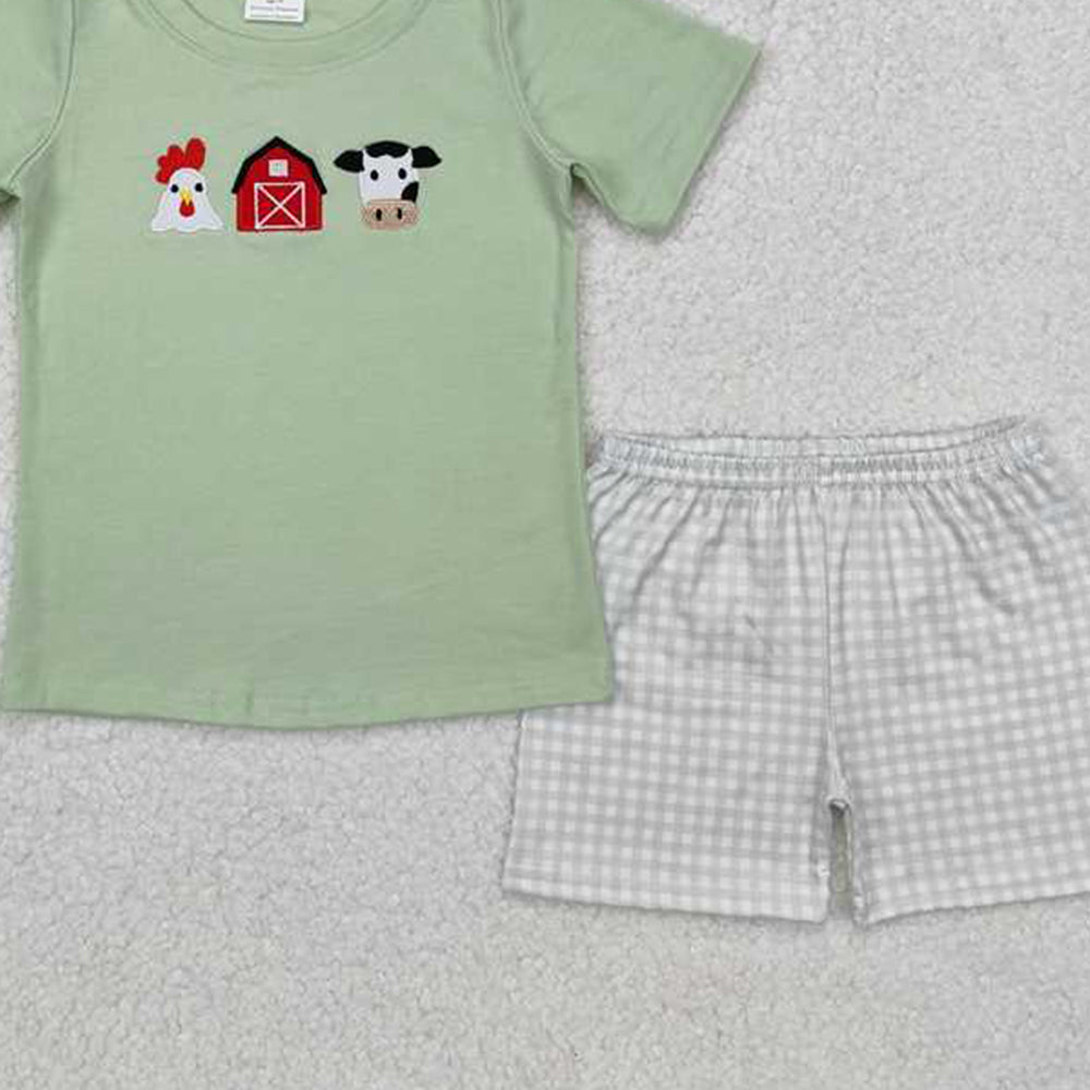6.11 BSSO1067 RTS NO MOQ Baby Boys Summer Boys Outfits Kids Boys Farm Embroidery Chicken Cow Outfit
