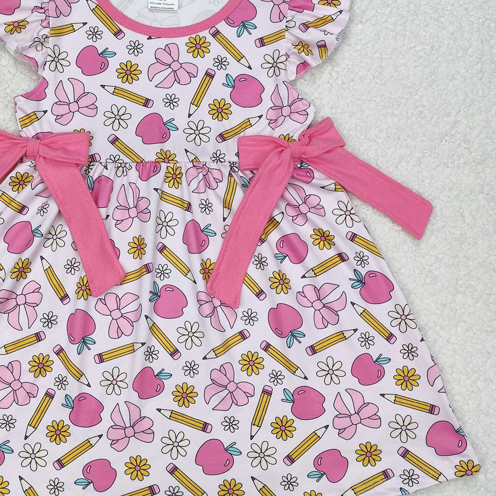 GSD1846Girls Pink Flutter Sleeve Pencil Dress with Bow Back to School Cute Fashionable Kids Clothing