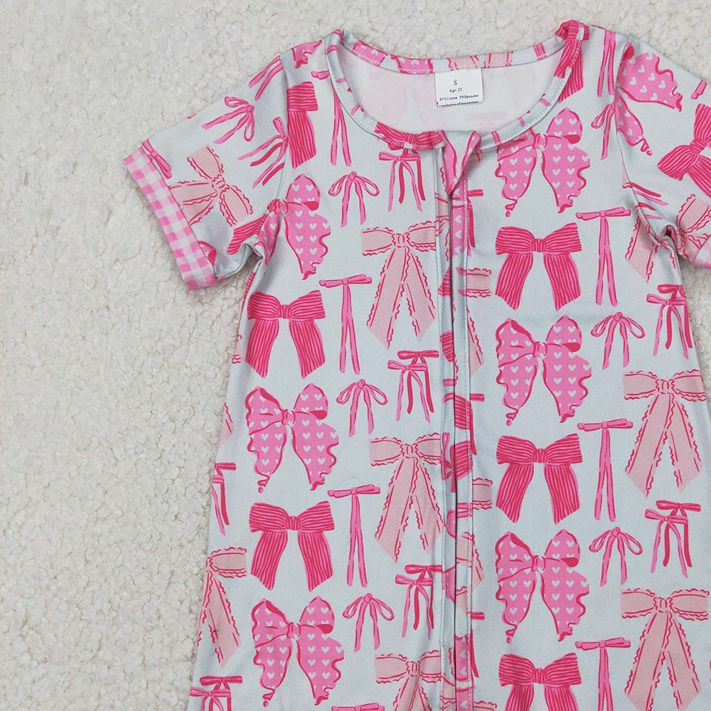 4.07 SR2771 RTS NO MOQ Baby Girls Summer Rompers Pink plaid short sleeves bow baby girls zipper romper