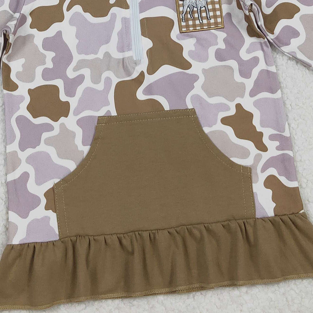 10.10 RTS NO MOQ (In stock)GT1134 Baby Girls Long Sleeve Tops Embroidery Dog Ducks Baby Girls Brown Camo Pocket Zip Hunting Hoodies Top