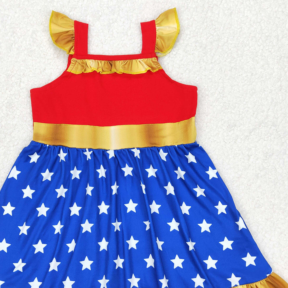 4.25 GSD1877 RTS NO MOQ Red blue stars flutter sleeves ruffle princess girls dress